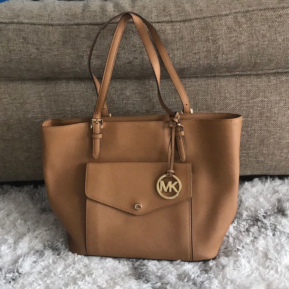 Michael Kors Tan Leather Tote with Gold Logo Charm